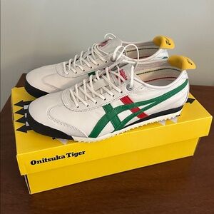 Onitsuka Tiger Mexico White Sneakers with Green and Red Stripes.